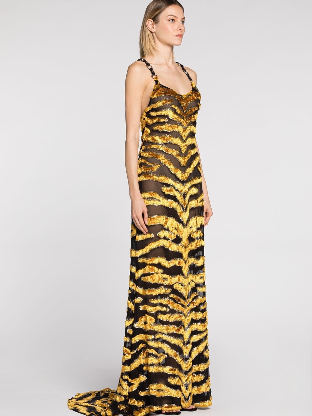Roberto Cavalli Gold and Black Tiger-Stripe Sequin Maxi Dress